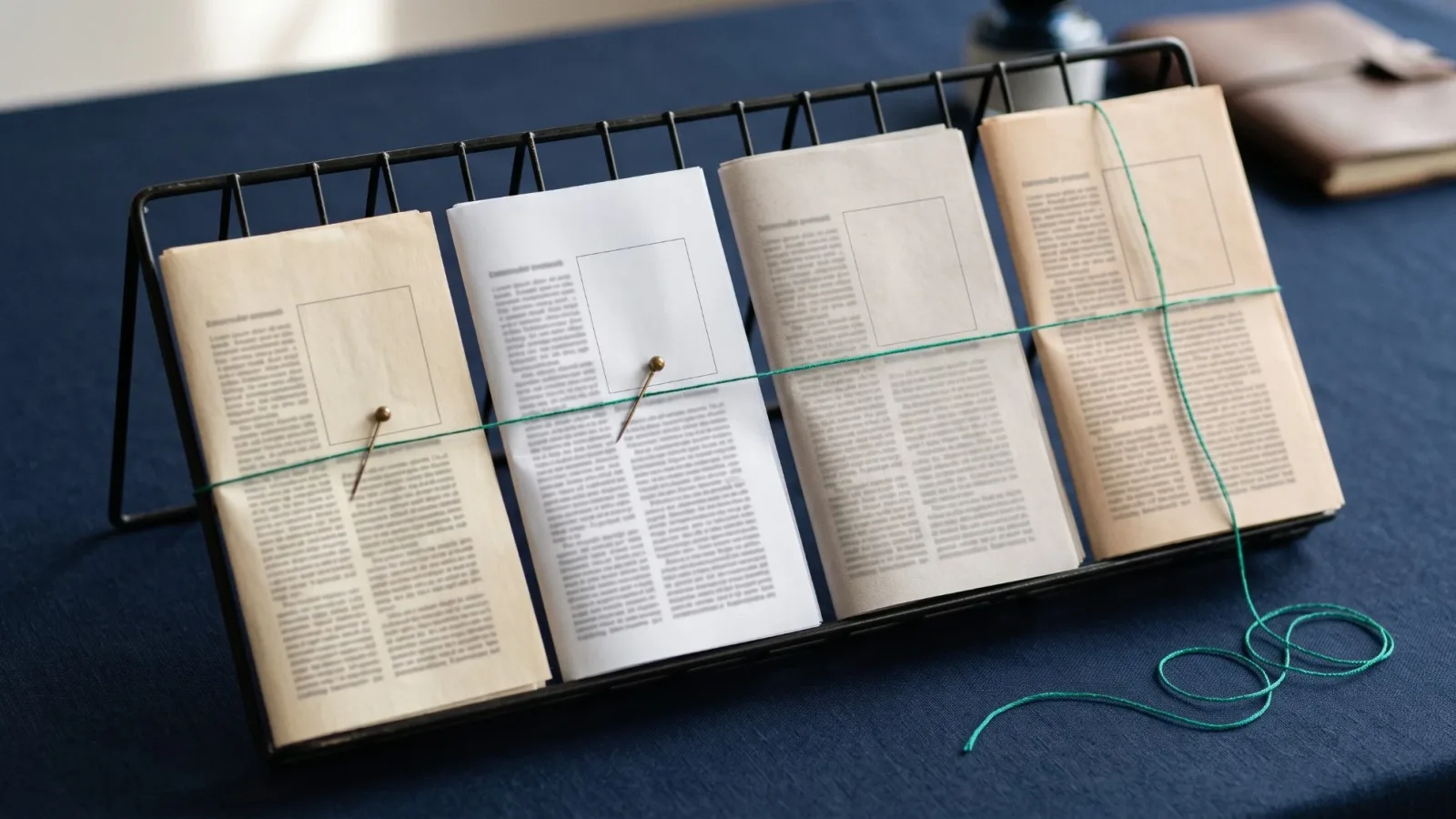 Four folded newspapers on different paper tones standing in a wire rack on a navy table, linked by a green thread pinned to the first two and hanging loose past the fourth