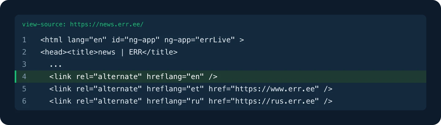 Excerpt of the HTML source of news.err.ee: three hreflang link elements, the first one for English has no href address, the Estonian and Russian ones point to www.err.ee and rus.err.ee