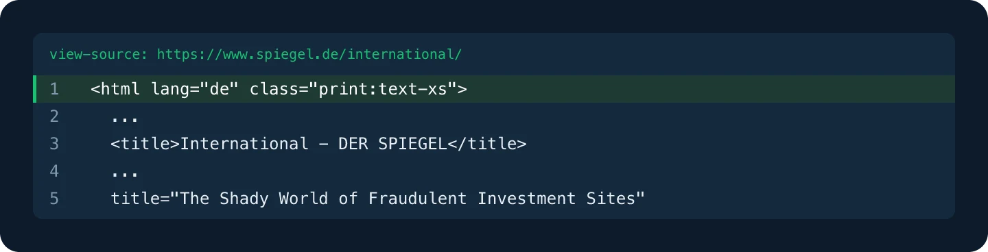 Excerpt of the HTML source of the Spiegel International front page: the html element declares lang de, while the title and a headline on the page are in English